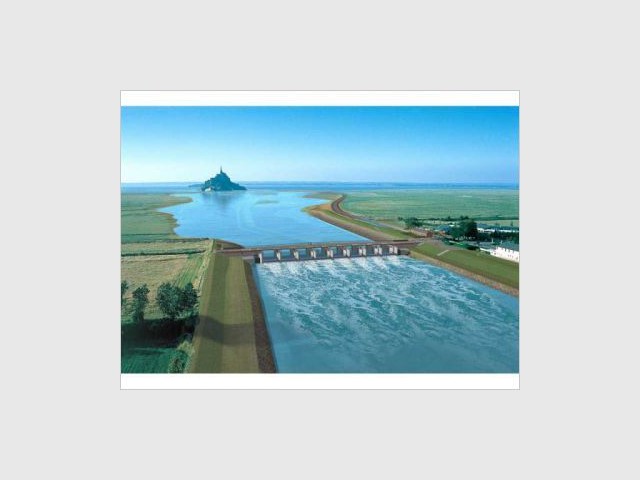 Vue du futur barrage à marée haute - Mont Saint-Michel