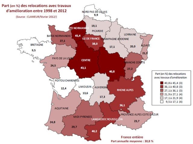 Part (en%) des relocations avec travaux d'amélioration entre 1998 et 2012 - Clameur 2012