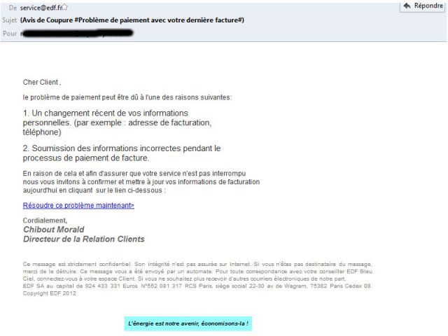email frauduleux EDF phishing
