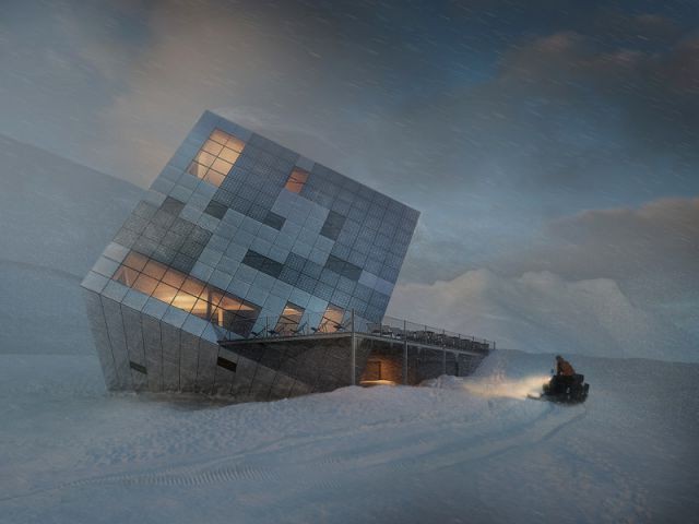 Un structure en forme de cube - Un refuge de montagne futuriste