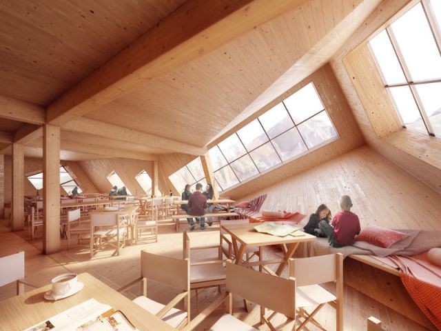 Un intérieur aménagé pour les skieurs - Un refuge de montagne futuriste