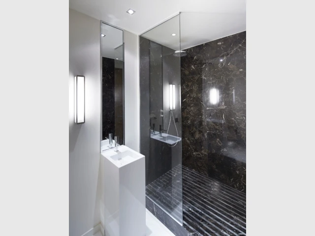 Une salle de douche luxueuse - Un appartement graphique revisite les codes classiques parisiens