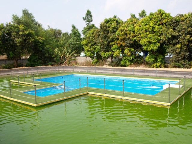 Une piscine à l'eau propre et filtrée au milieu d'une eau trouble - Mobipool