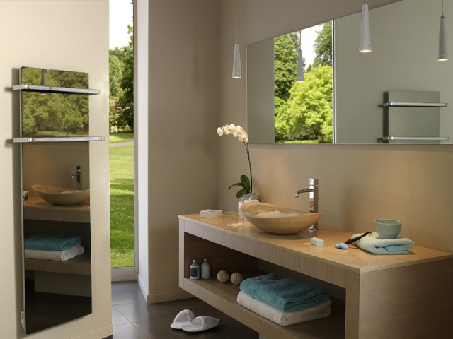 Un radiateur sèche-serviettes miroir dans une salle de bains naturelle - Sèche-serviette