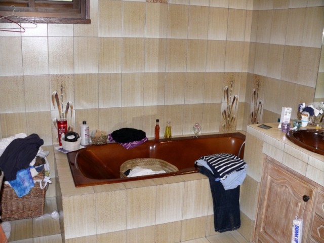 Avant : une baignoire marron entourée d'un tablier carrelé - Rénovation d'une salle de bains de 8 m2