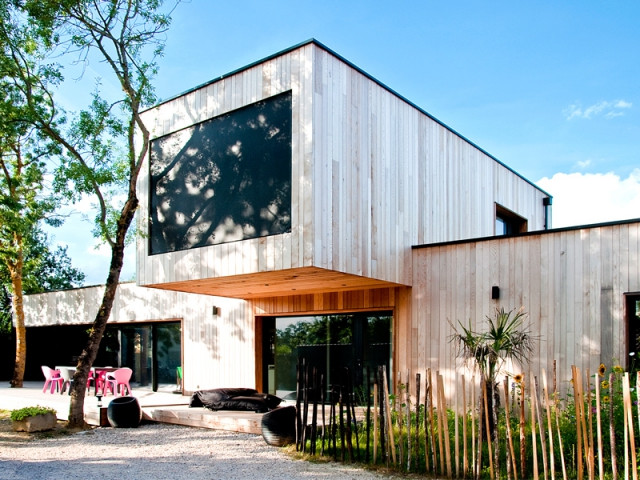 Une maison construite entre les arbres