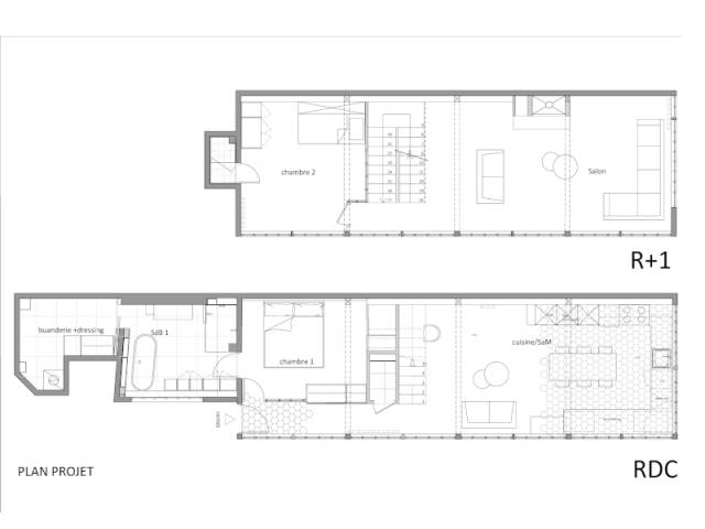 Plans de la maison après l'intervention de l'architecte, avec déplacement de l'escalier