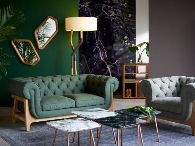 Sofa Cocoon chesterfield dark green wool