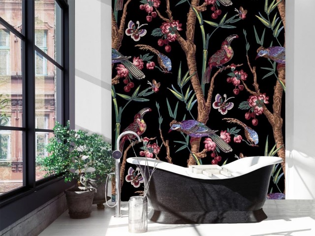Motif floral et oiseaux Vasque moderne en céramique blanche pour salle de bain 