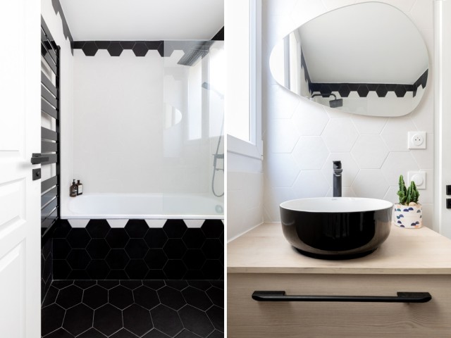 Une salle de bains en noir et blanc