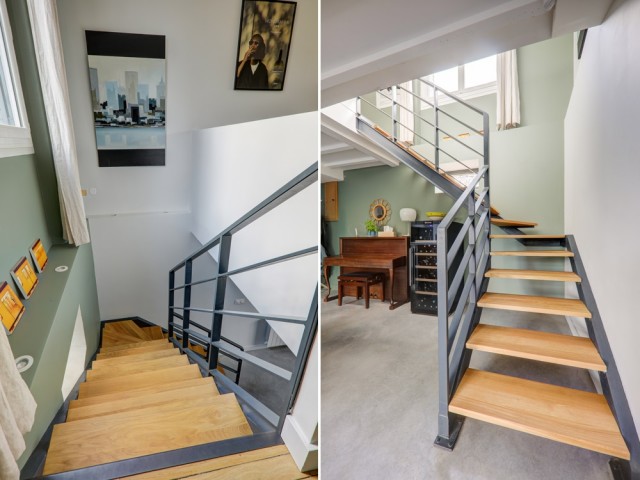Un escalier en métal et bois