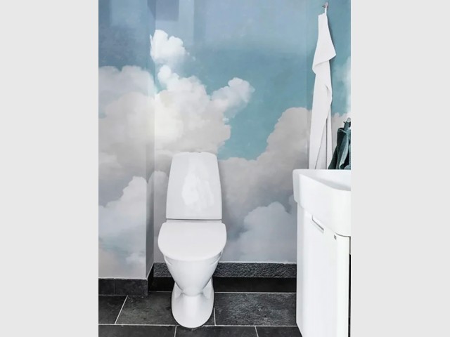 Du papier peint nuages dans les toilettes