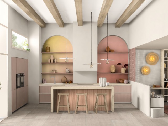Dans la cuisine, la couleur Peach Fuzz apporte une touche d'originalité et de gourmandise