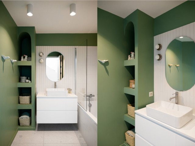 La salle de bain verte est située entre les chambres des deux enfants