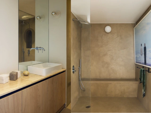 Une salle de bain minérale et graphique