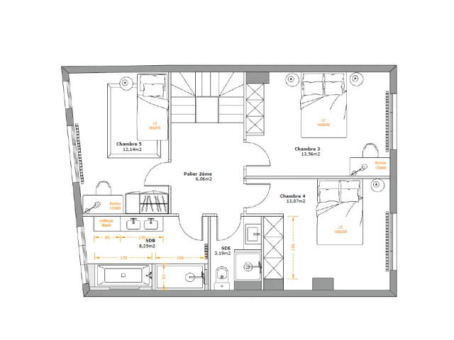 Plan du deuxi&egrave;me &eacute;tage apr&egrave;s les travaux 