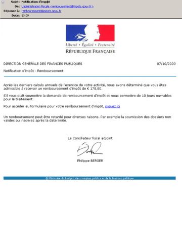 Le faux e-mail des impôts, tel que reçu par la rédaction (!) 