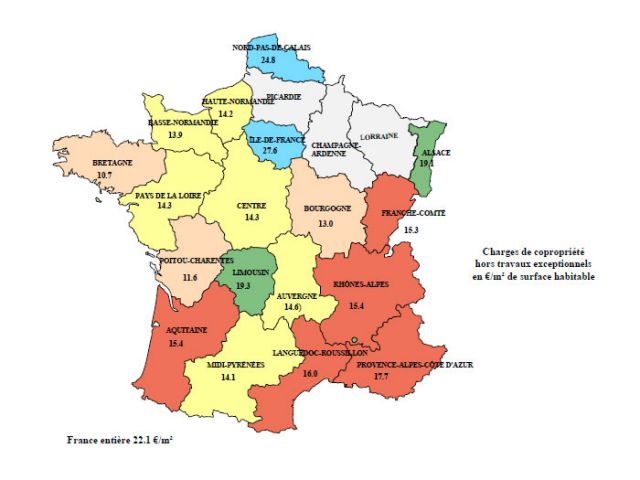 Charges de copropriété par région en 2008. Pour zoomer, cliquer sur l'image. 