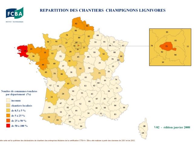 Carte de France établie par l'institut Technologique FCBA à partir des déclarations des entreprises de traitement certifiées CTB A+