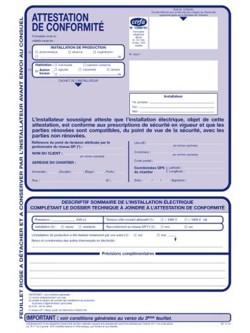 Formulaire Cerfa - Attestation de conformité de l'installation de production d'électricité