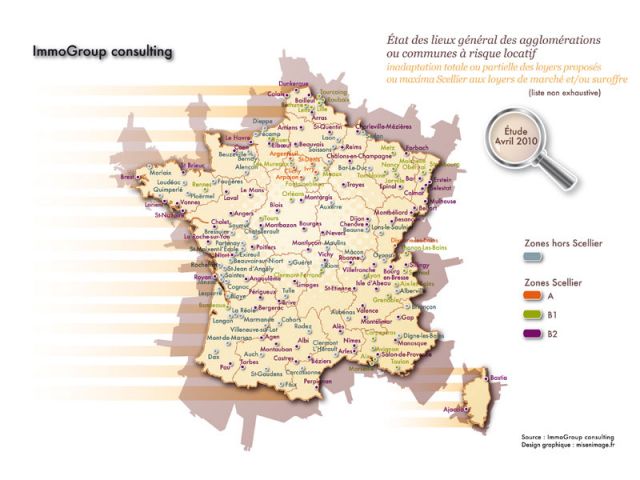 Etat des lieux général des agglomérations ou communes à risque locatif, carte zones hors Scellier et zones Scellier.