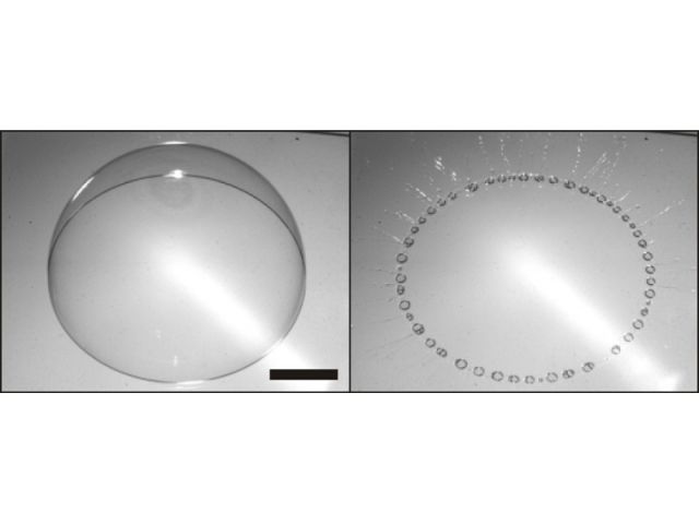 Bulle de savon (barre : 1cm) qui éclate sur une surface solide et génère un anneau formé de nombreuses bulles de petite taille.