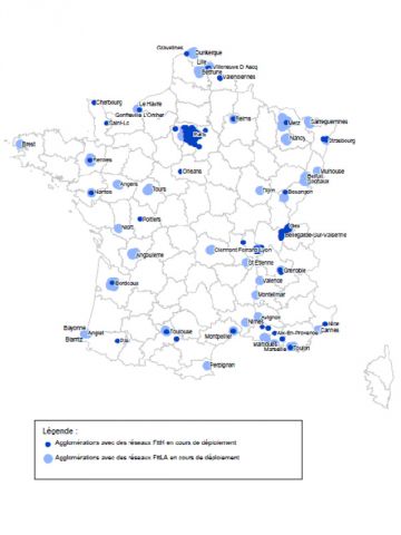 Etat des déploiements de réseaux fibre optique en cours au niveau national pour les deux technologies, FttH et FttLA. Cliquez sur l'image pour zoomer. 