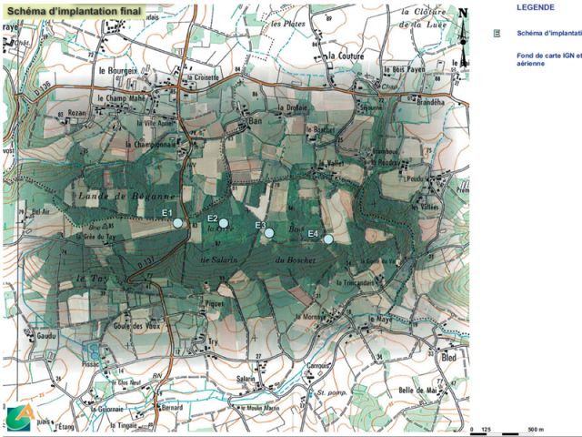 Plan d'implantation des éoliennes sur le site de Béganne.