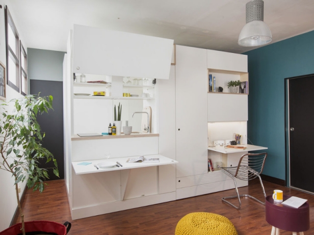 Coin bureau et espace cuisine en un meuble