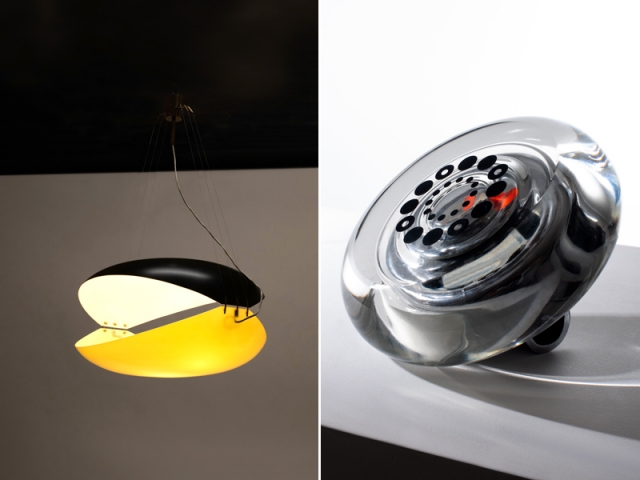 La suspension Balena (1957) et une horloge de table (1965) signées Ettore Sottsass