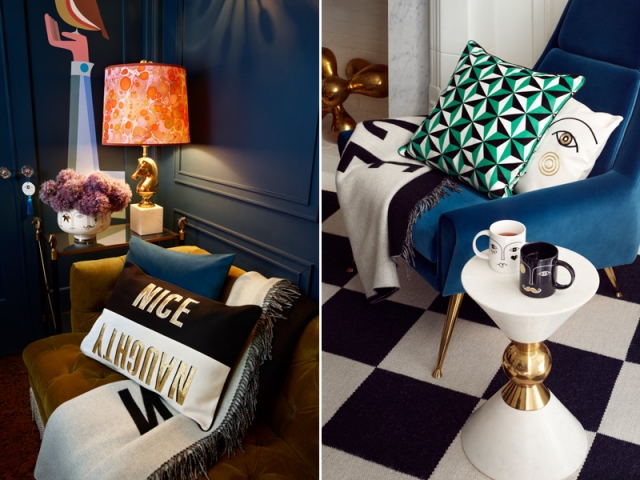 Jonathan ADLER X H&M Home : Coussin Nice/Naughty : 49,99 &euro; ; jeté de lit : 149 &euro; ; coussin visage : 39,99 &euro;