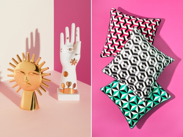 Jonathan ADLER X H&M Home : Sculpture soleil : 99 &euro; ; main : 79,99 &euro; ; coussins : 19,99 &euro;