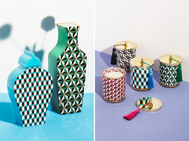 Jonathan ADLER X H&M Home : Vase bleu : 49,99 &euro; ; vase vert : 59,99 &euro; ; bougies : 29,99 &euro; 