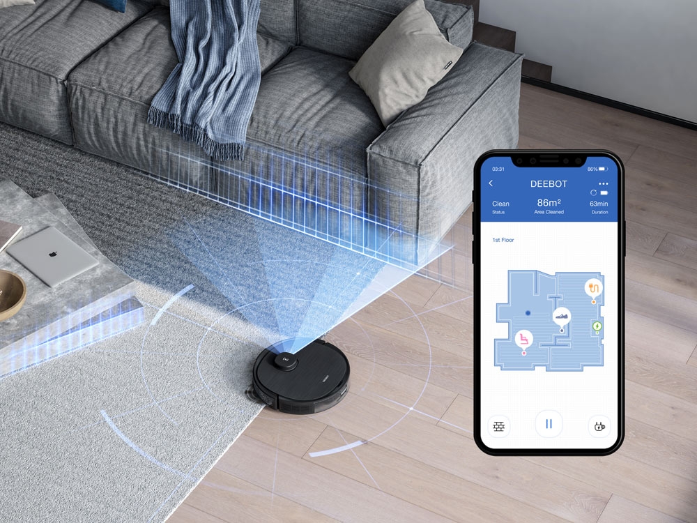 Ecovacs Deebot Ozmo T8 Aivi, équipé d'une caméra et d'un télémètre laser pour cartographier les pièces, lave aussi les sols, prix : 799 &euro;