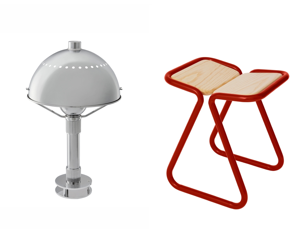 Lampe Elysée argentée, Marc Held x Monoprix ; Dièdre rouge, Dutch Design x Monoprix