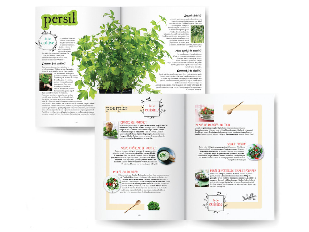 Chaque légume, fruit ou herbe fait l'objet d'une double page