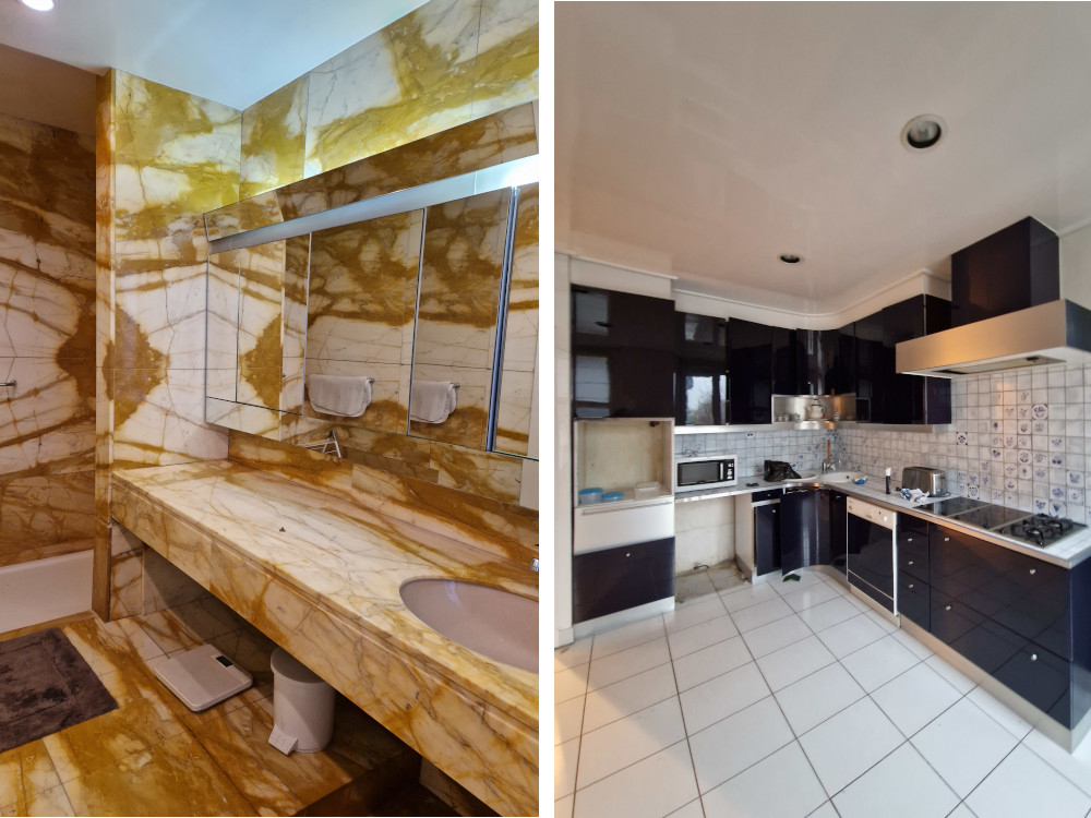 Salle de bain en marbre, meubles de cuisine laqués avaient été installés lors de la rénovation des années 80