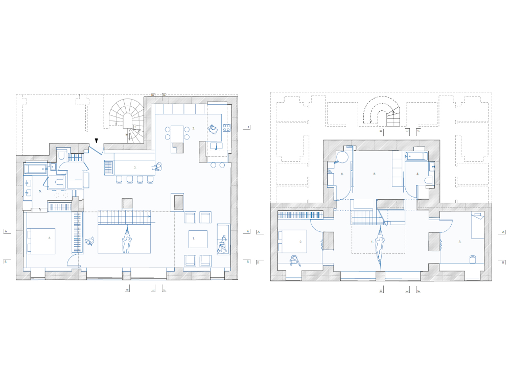 Plan du RDC et du niveau inférieur en rez-de-jardin après