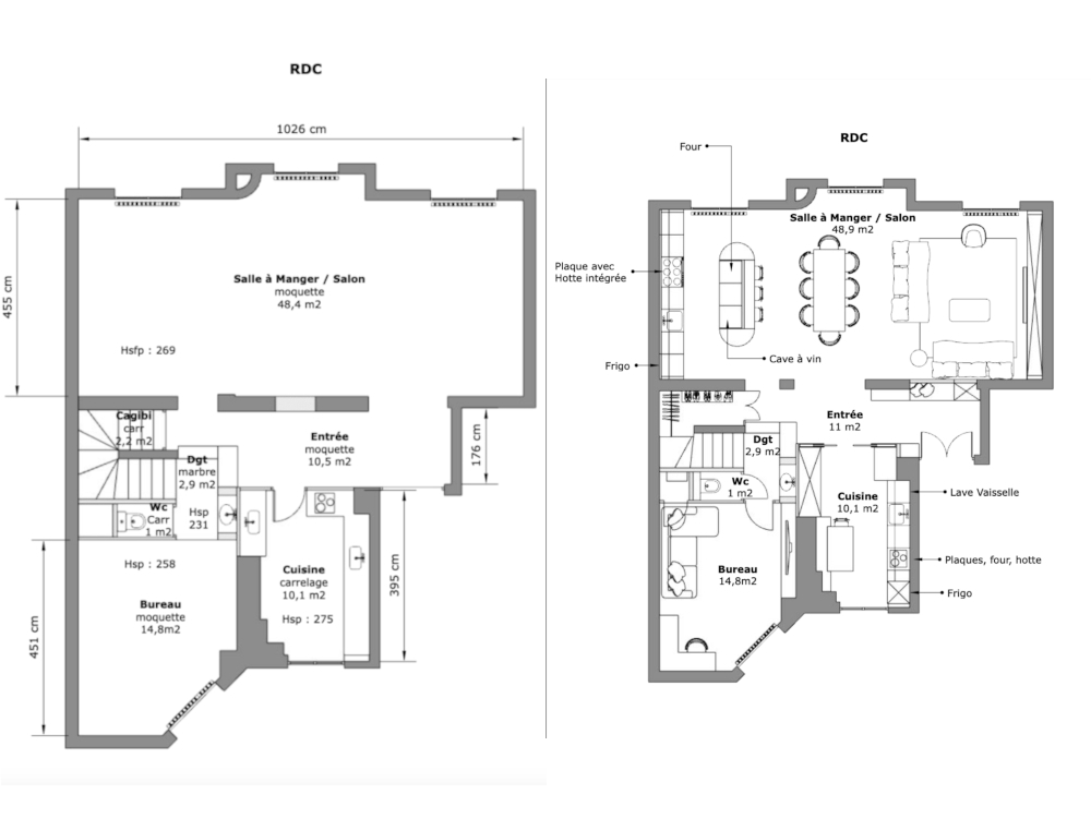 Plans avant/apr&egrave;s des pi&egrave;ces de vie 