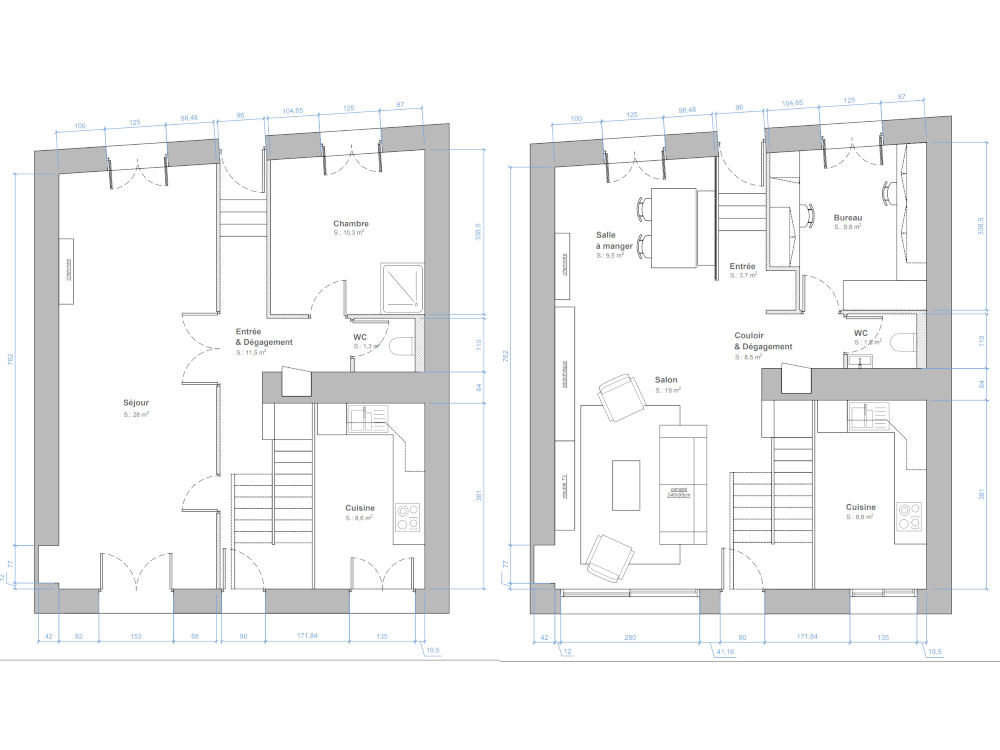 Plans avant et après du rez-de-chaussée