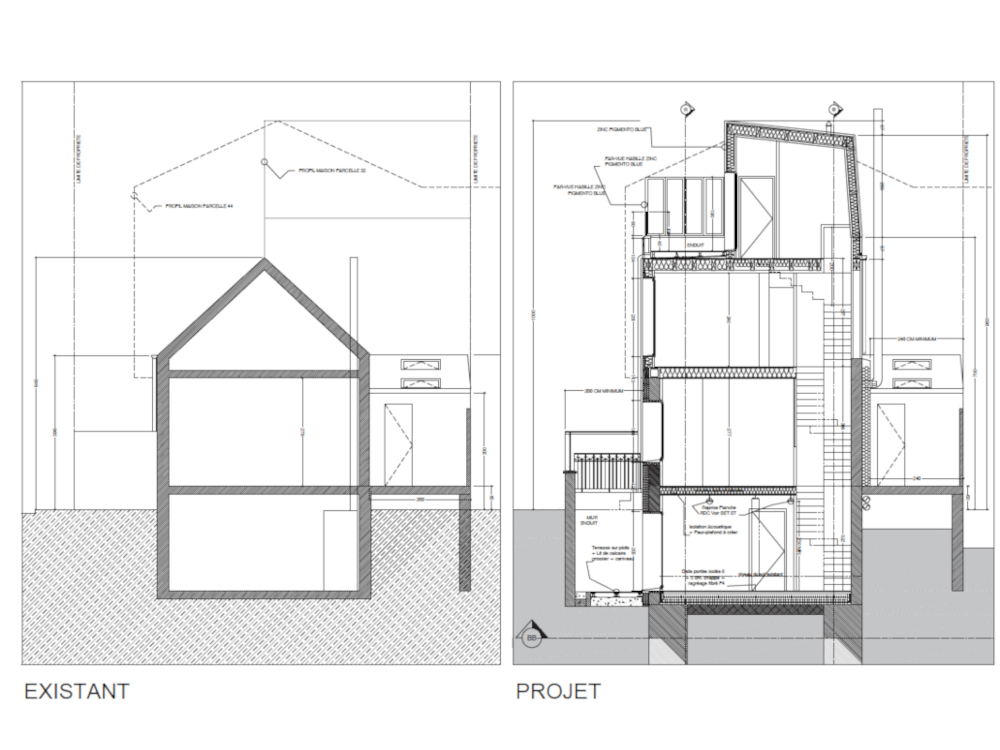 Coupe transversale de la maison avant et apr&egrave;s les travaux 