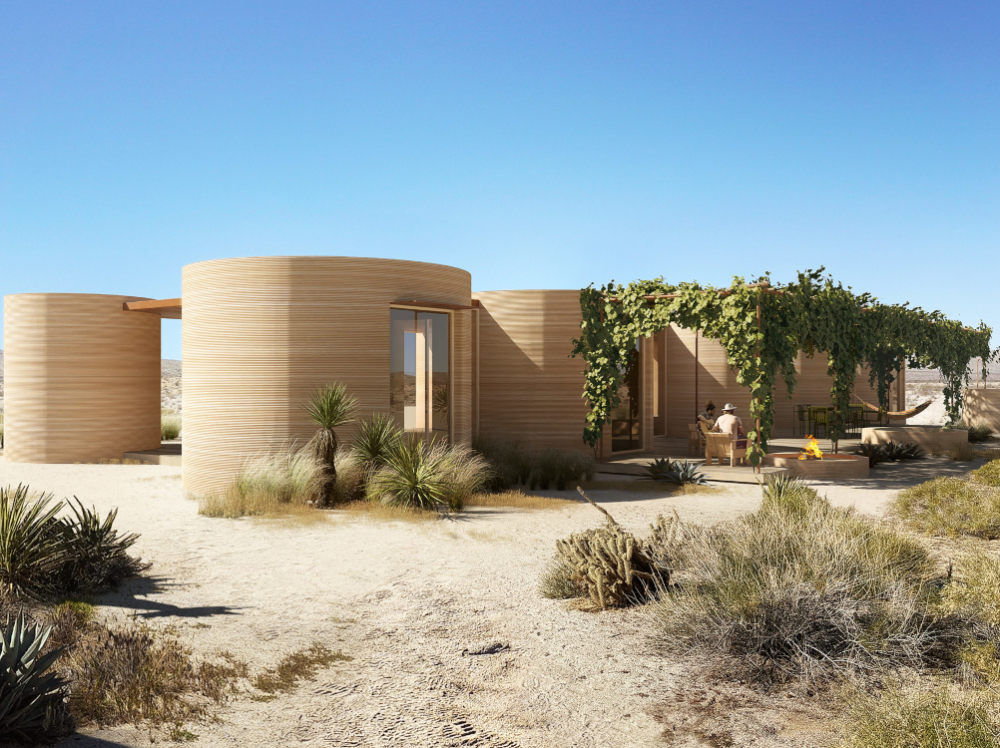 Vue de projet des unités hôtelières imprimées en 3D d'El Cosmico, à Marfa, dessinées par BIG.